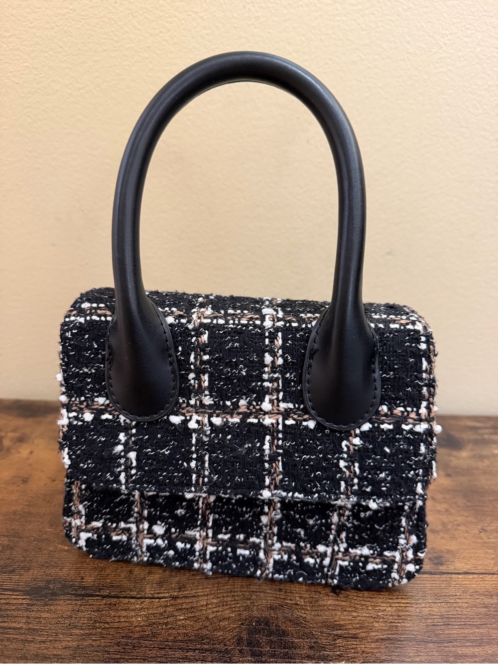 Abercrombie & Fitch Black and White Tweed Mini Top-Handle Bag